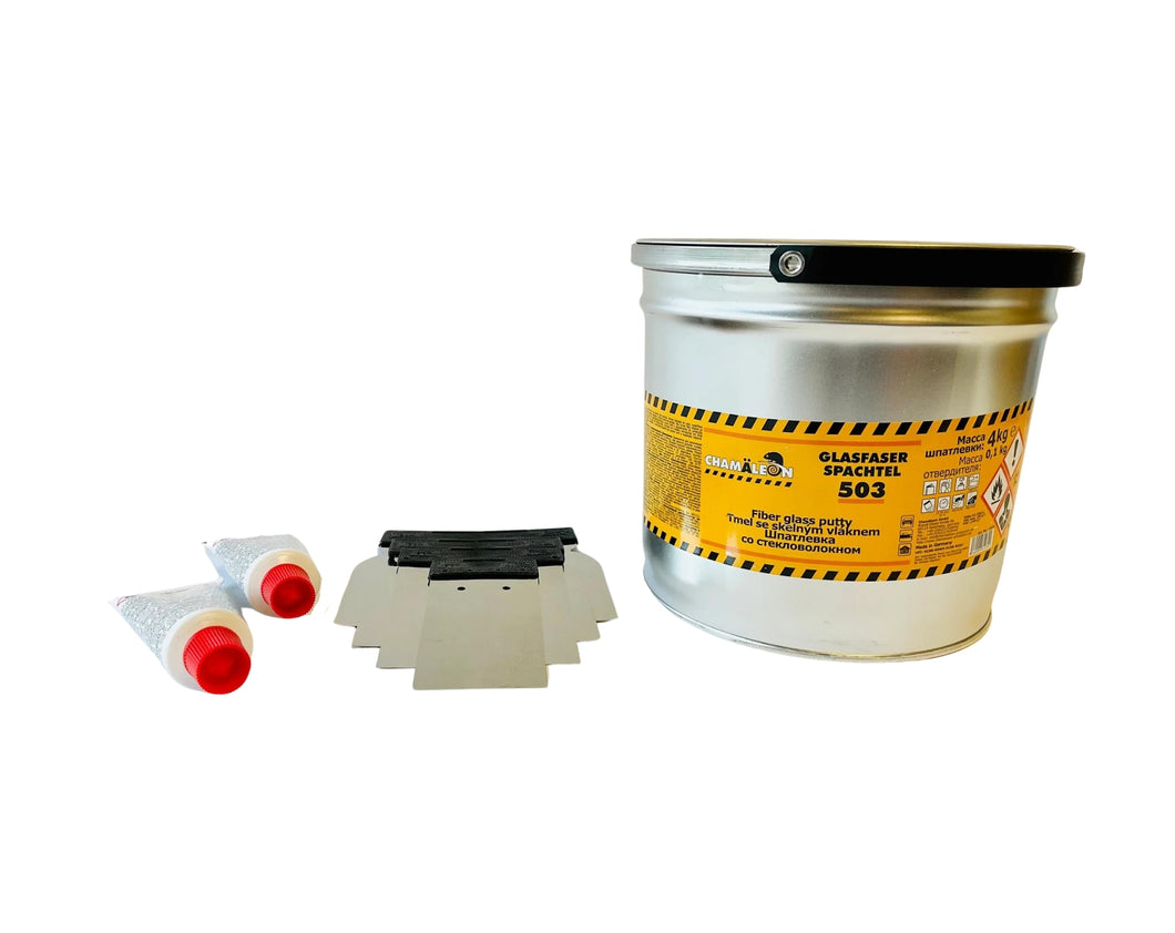 503 Fiber Glass Putty Green (4Kg) Bucket Bodyfiller + Kitty Hair Hardeners + FREE Metal Spreader Set (4 sizes!)